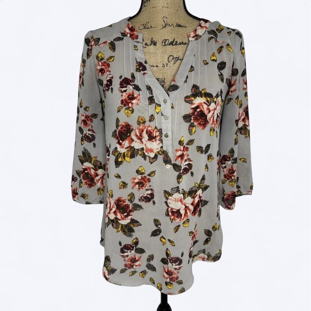 Princess Vera Wang Floral Top Blouse Sz L Gray Romantic Bloomcore Office Career
